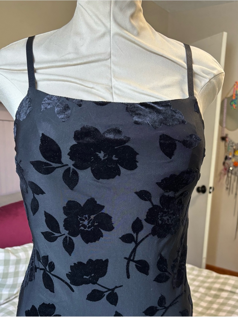 Black Floral Flocked Spaghetti Strap Mini Dress